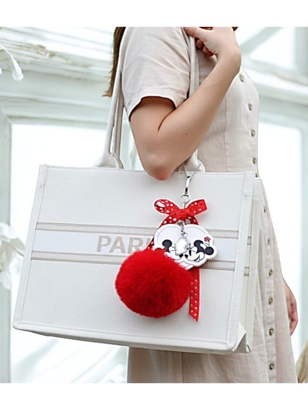 Authentic Disney Mickey Minnie Keychain w Red Pom Pom Bow Custom Bag Charm